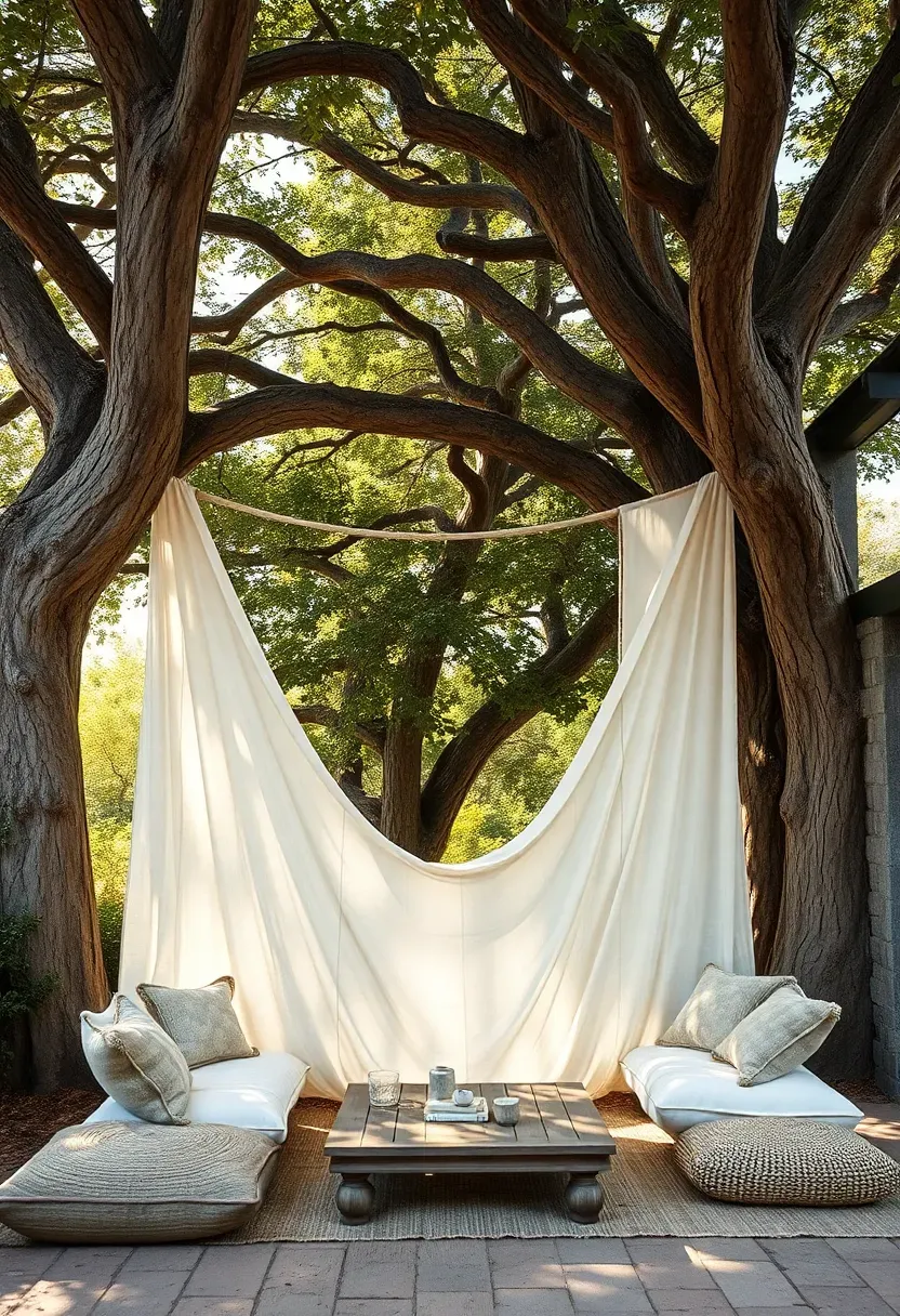 white draped fabric canopy strung between mature trees in a garden
