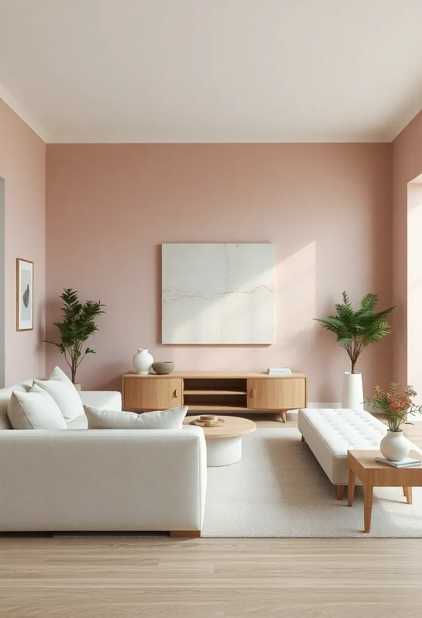 Hyper-realistic 3/4 view of a minimalist living room with gray-pink pastel walls, cream sofa, oak media console, abstract art. Materials: matte gray-pink paint, linen fabric, white oak wood, canvas art. Soft diffused daylight, subtle color shifts. Shallow depth of field, sophisticated composition, museum-like atmosphere. No text, no logos, no watermarks.</p>