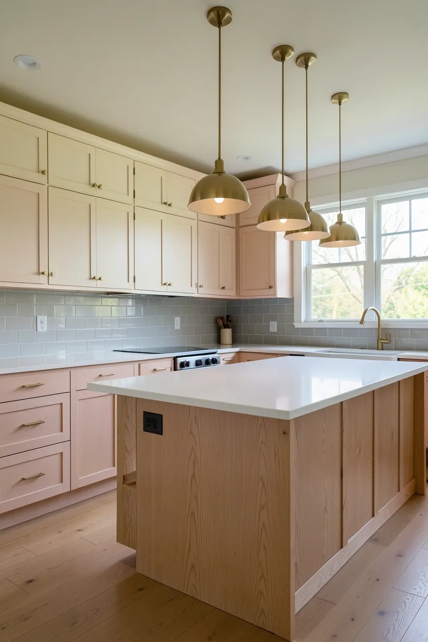 Hyper-realistic wide shot of a modern kitchen with two-tone cabinetry. Lower cabinets in white oak with visible natural grain and pink undertones. Upper cabinets painted in cream extending to ceiling. White quartz countertop throughout. Brass hardware on all cabinet doors and drawers. Large island in white oak with waterfall edge. Three modern pendant lights with brass domed shades over island. Light gray subway tile backsplash. Large windows provide natural light. Clean surfaces. No text, no logos, no watermarks.</p>