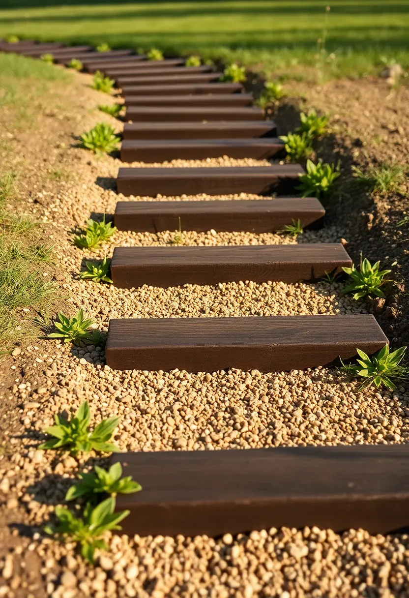 Railroad tie steps built into a gentle backyard slope with gravel treads and low ground cover plants on each side
