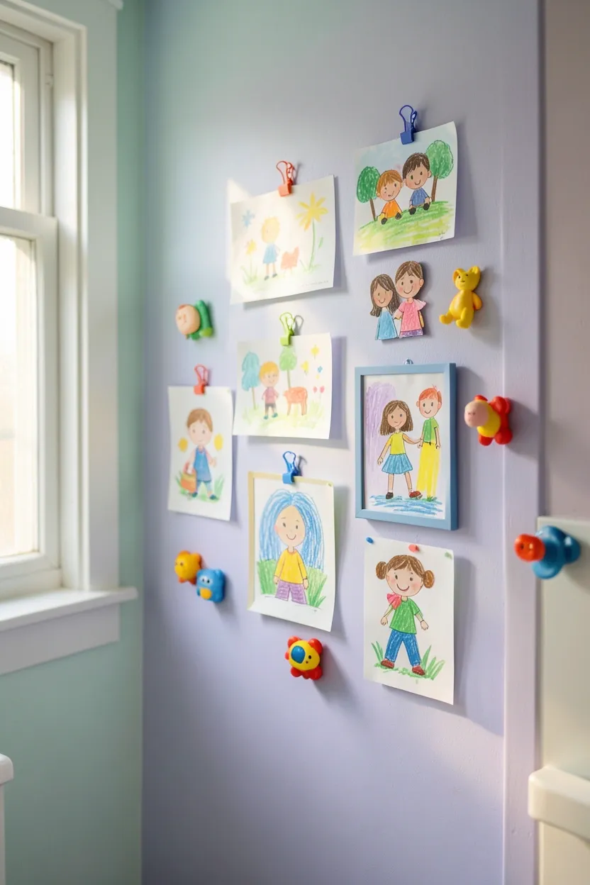 Magnetic feature wall in a kids family bathroom with colorful magnets artwork clips and waterproof bath toys displayed