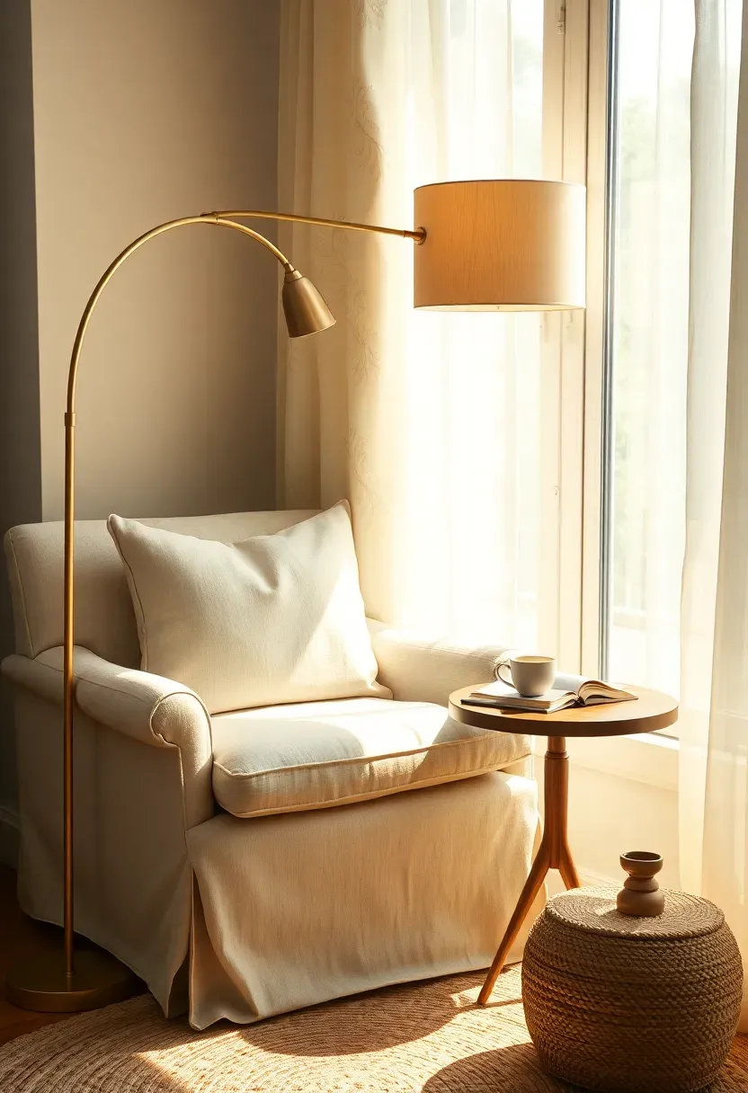 cozy reading corner in sunroom with armchair floor lamp and small bookshelf