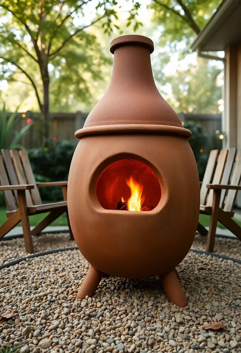 A terra cotta chiminea on a round gravel pad surrounded by low wooden chairs in a small backyard garden