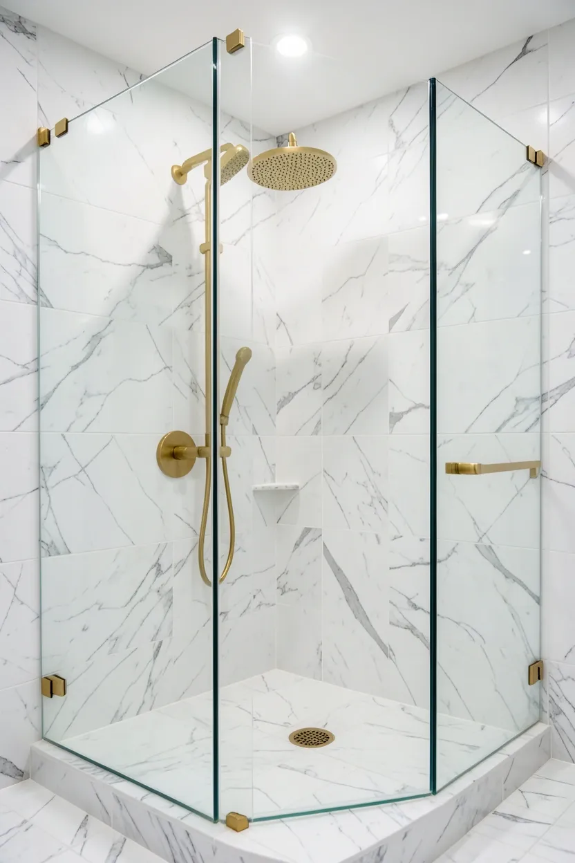 Frameless glass shower enclosure with minimal chrome hardware showcasing marble tile walls in an elegant bathroom