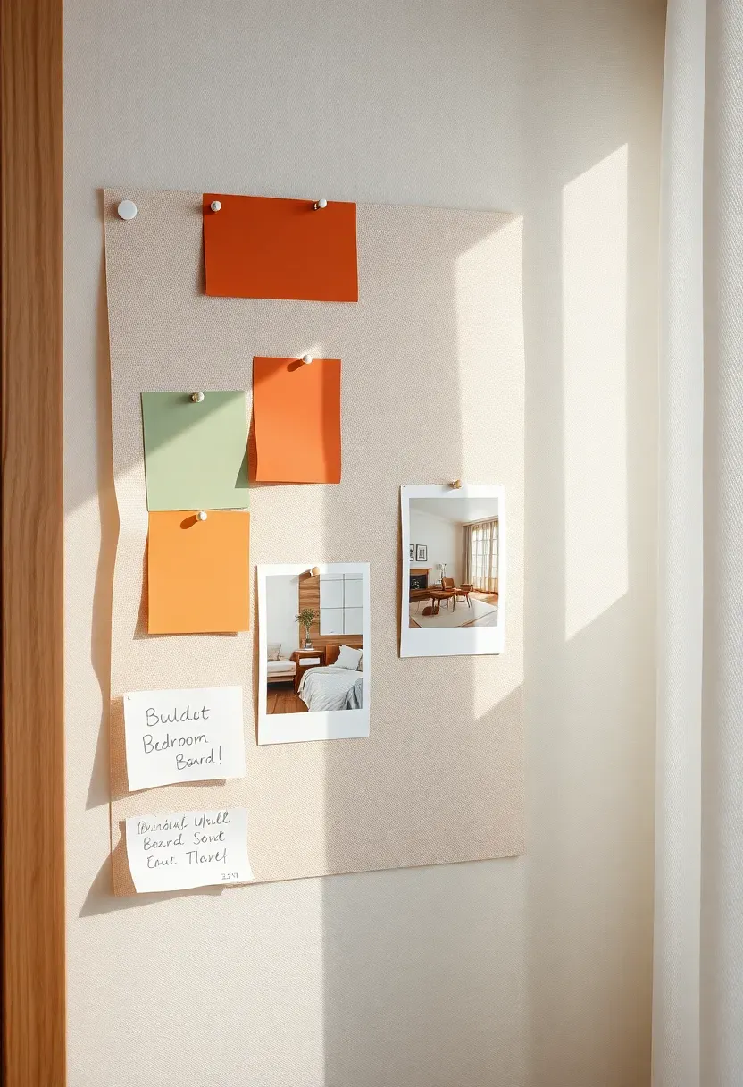 Mood board with bedroom inspiration images showing a cohesive style direction alongside a handwritten budget plan