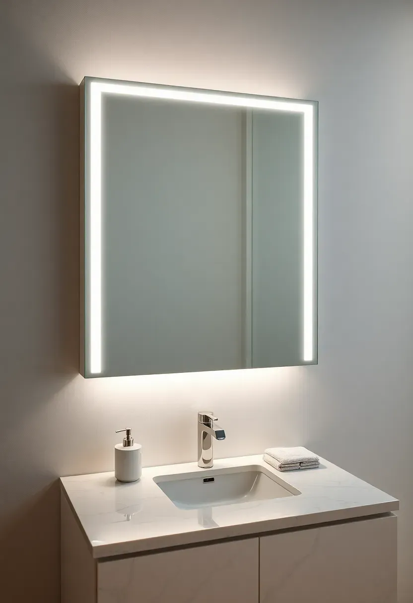Mirrored bathroom wall cabinet with LED backlight mounted above a white marble countertop