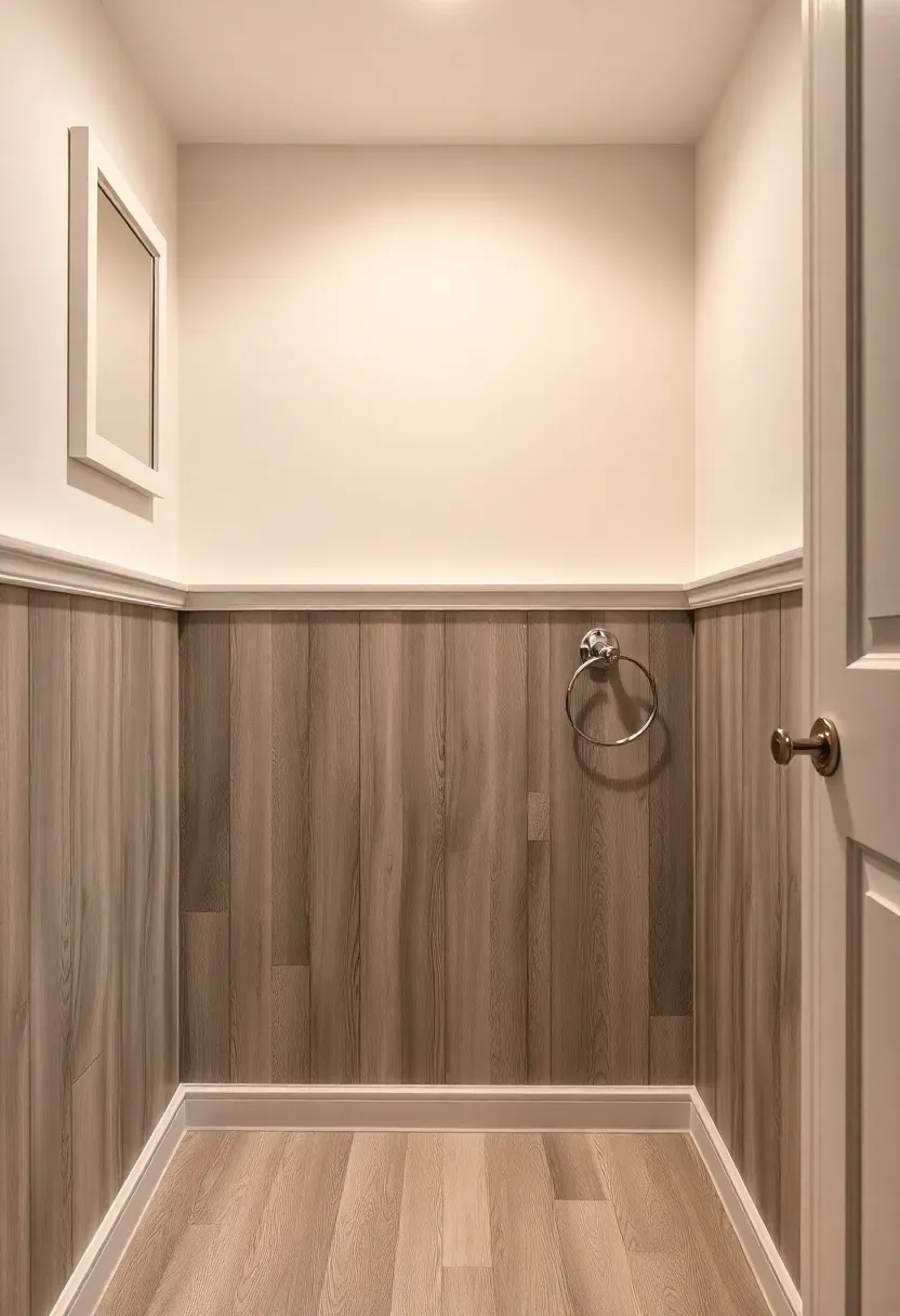 Basement bathroom with waterproof vinyl wainscoting panels in a gray wood-look finish on lower walls