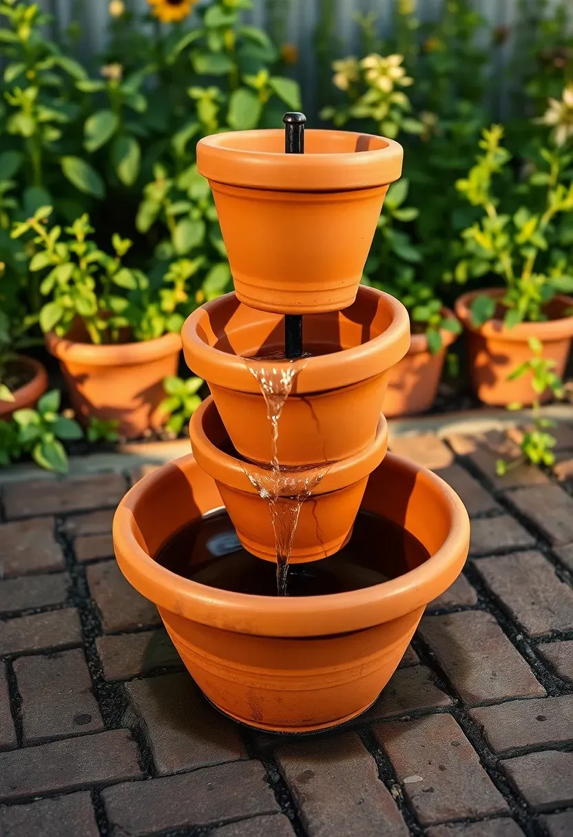 A stack of tilted terracotta pots with water cascading from one to the next surrounded by herbs in a cottage garden