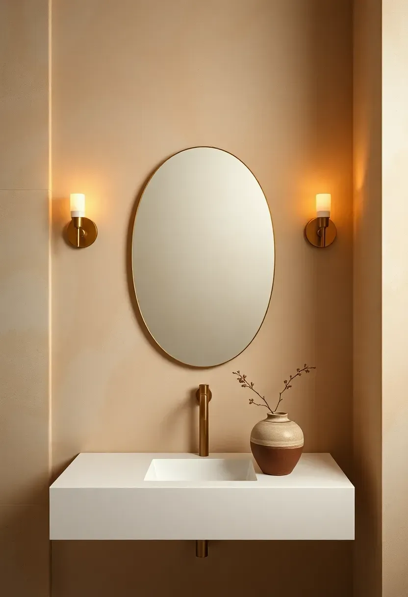 Venetian plaster accent wall in warm sandy beige behind a bathroom vanity with oval mirror and wall sconces