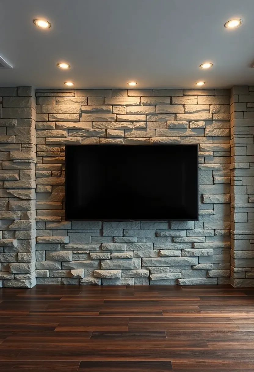 Basement media wall covered in stacked gray stone veneer panels with a large TV mounted in the center and recessed ceiling lights above