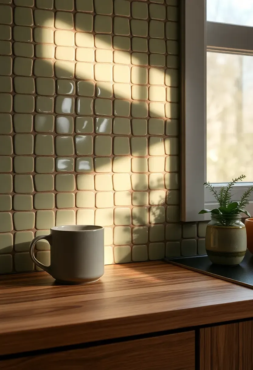 handmade zellige tile backsplash in soft sage green with irregular glazed surface reflecting kitchen window light