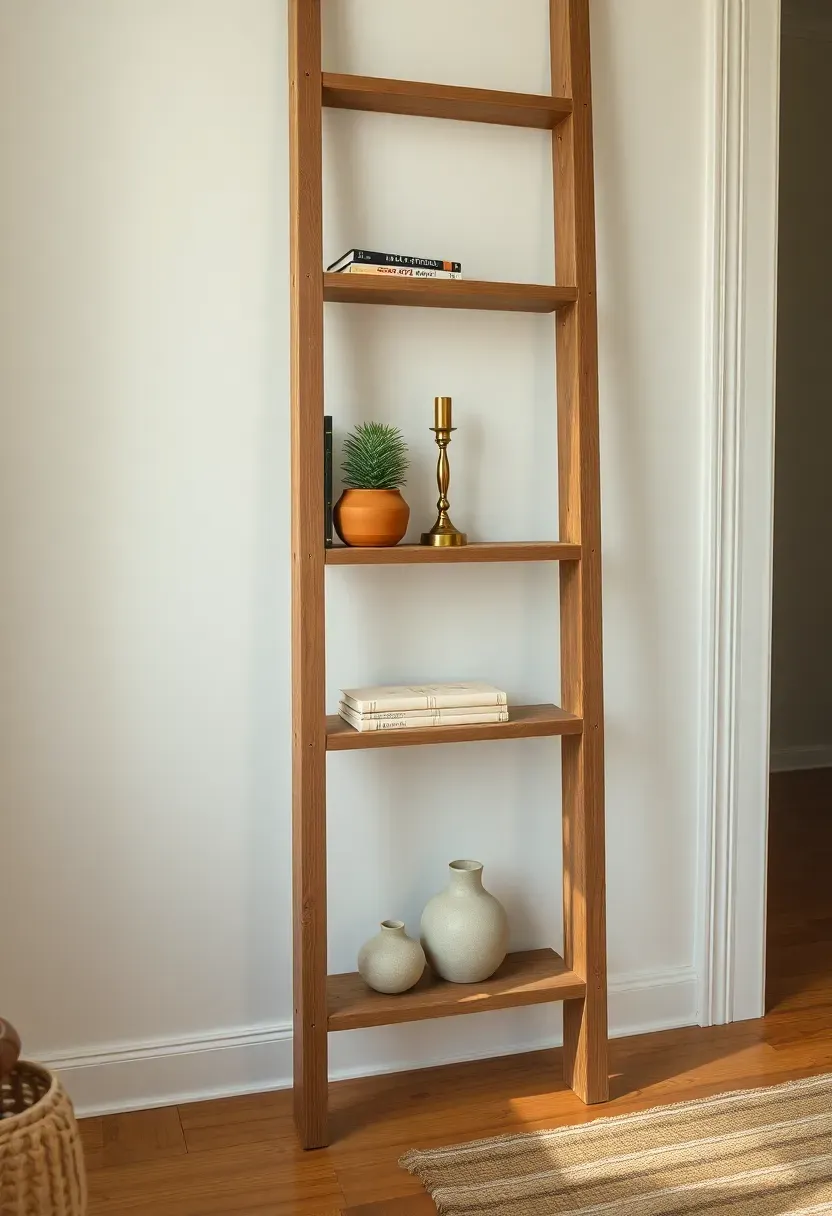 Distressed wooden ladder bookshelf leaning against a white wall displaying books, small plants, and vintage pottery