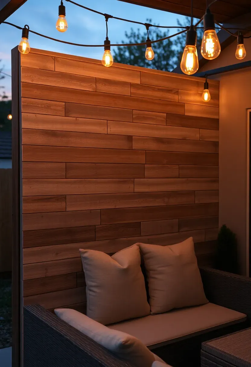 Reclaimed weathered wood plank accent wall mounted on a backyard patio with warm string lights above and outdoor seating nearby