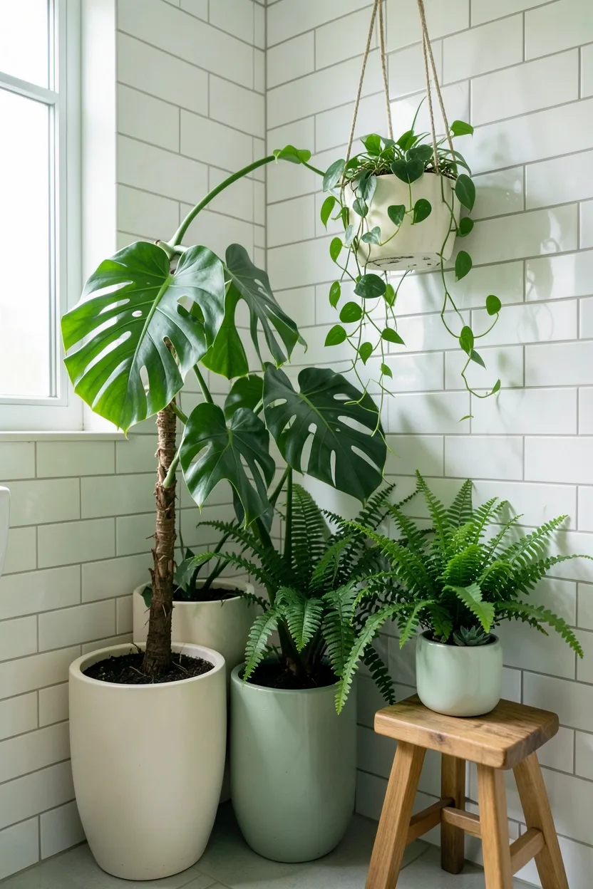 Hyper-realistic eye-level photograph of a modern green bathroom corner featuring multiple potted plants in various sizes: tall monstera in cream planter, trailing pothos in hanging planter, fern in small pot, white subway tile walls, wooden stool with small succulent. Natural light from window filtering through plant leaves. Materials: green plants, cream and mint green ceramic planters, wood, white ceramic tiles. Lush jungle green aesthetic. Varied plant textures. No text, no logos, no watermarks.</p>
