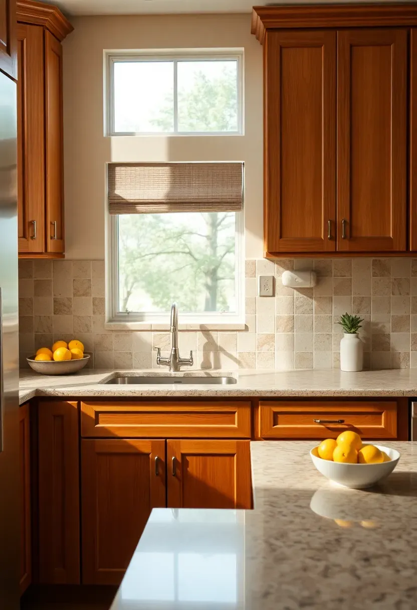 tumbled travertine running bond backsplash in a warm kitchen with honey oak cabinets