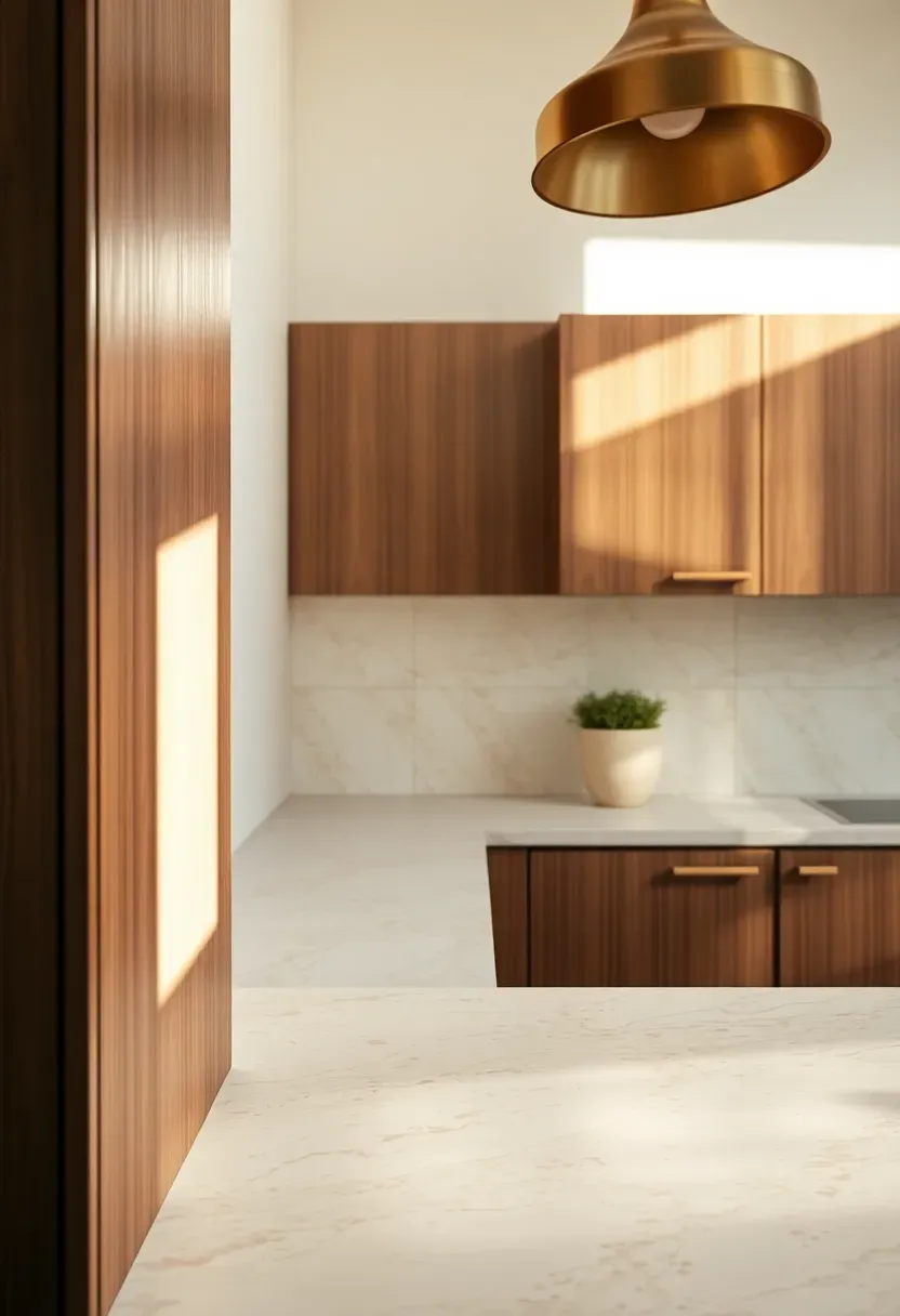 terrazzo slab backsplash with white marble chips in a mid-century modern kitchen with walnut cabinets