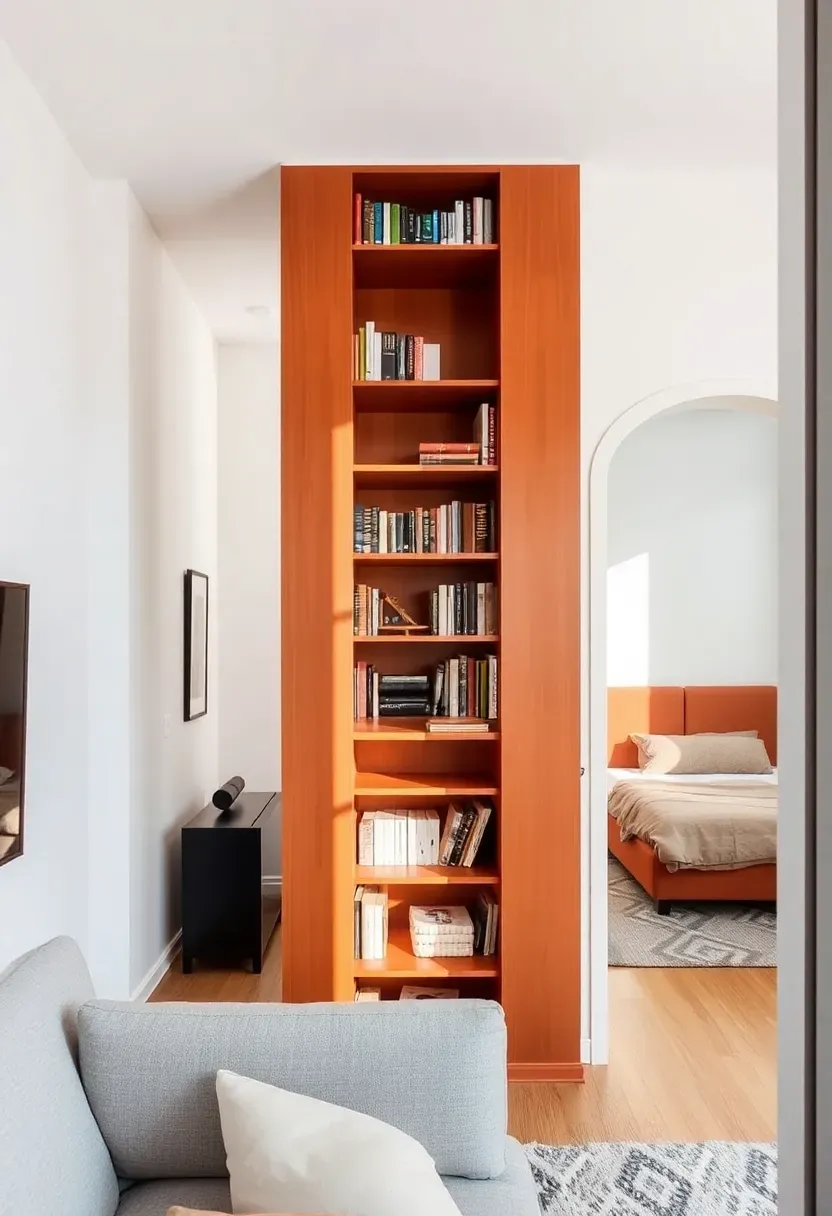 Studio apartment with a tall arched bookshelf used as a room divider, one side facing the living area and the other facing the sleeping area, painted in a warm terracotta