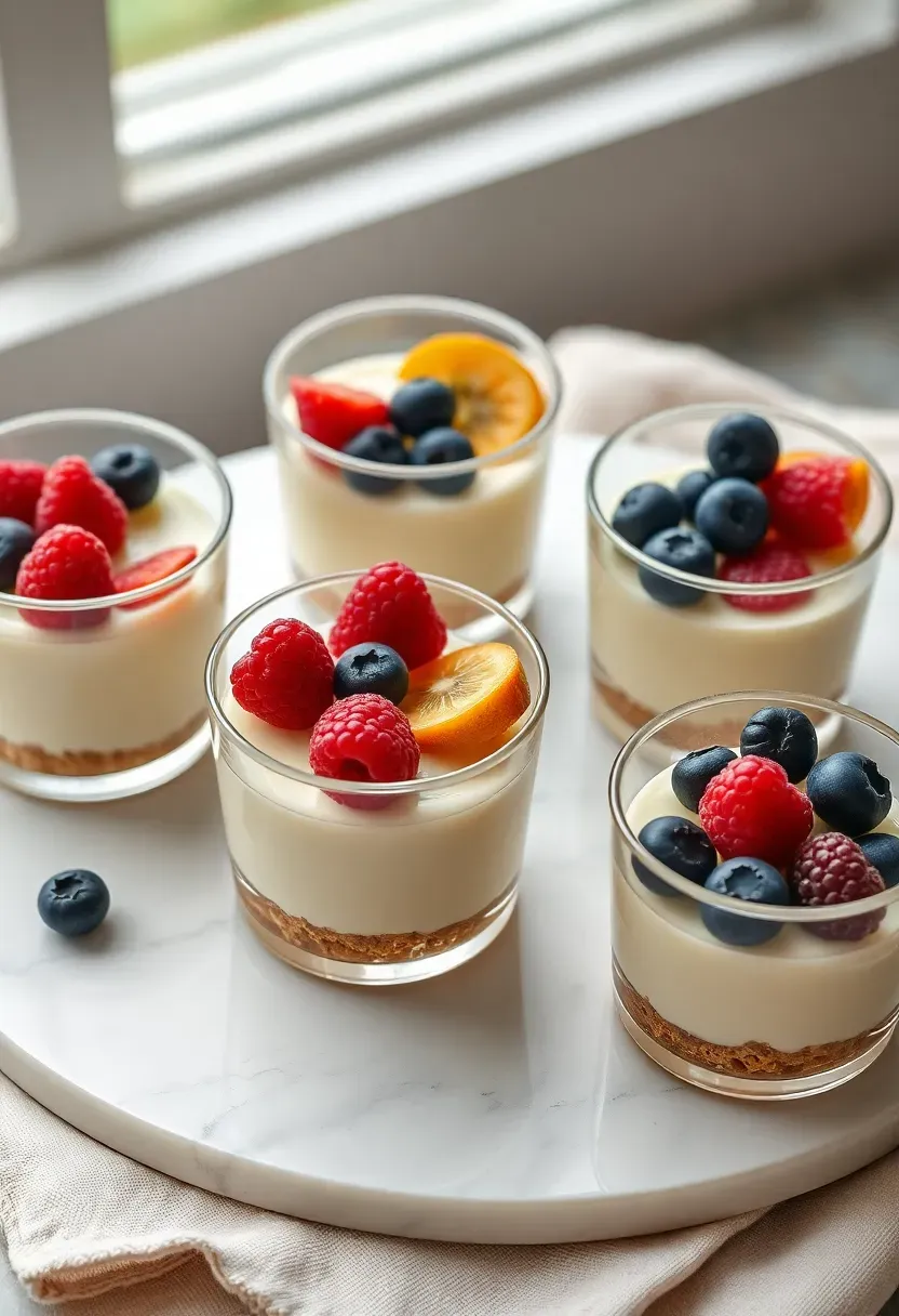 individual mini cheesecake bites in clear cups with fresh berry toppings arranged on a marble serving board