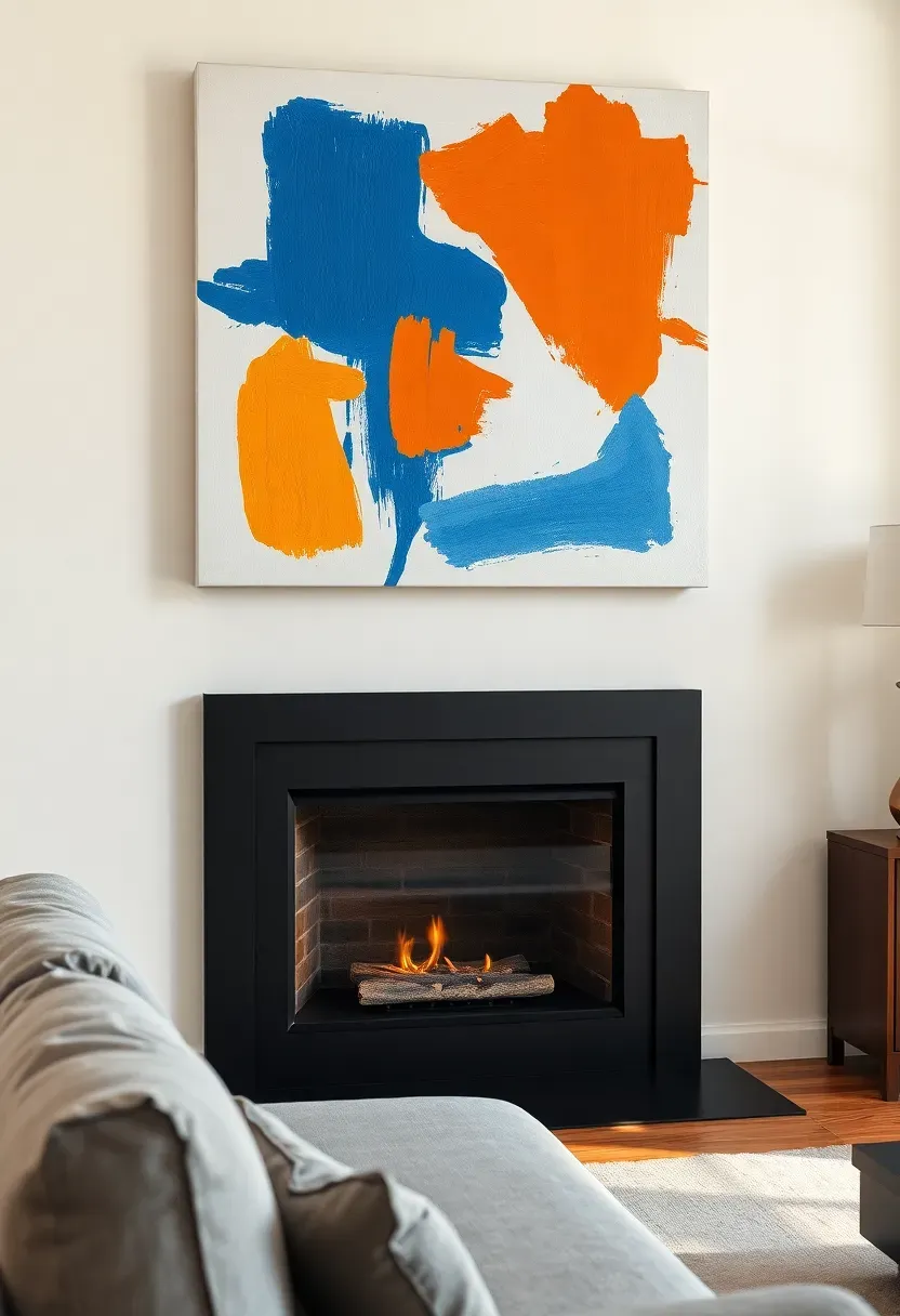 Single large abstract painting in bold colors above a sleek modern fireplace in minimalist room