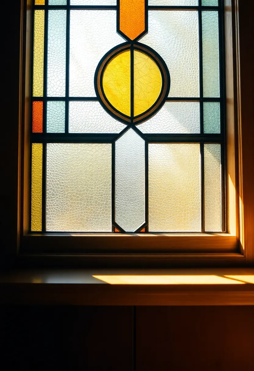 Arts and Crafts style stained glass window with geometric pattern and nature motifs in amber and green glass