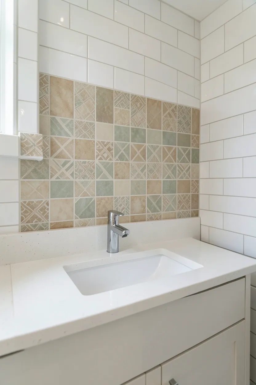 Hyper-realistic eye-level photograph of a modern earthy bathroom vanity backsplash showing ceramic tiles in warm beige and sage tones with subtle geometric patterns, white quartz countertop, white undermount sink, chrome faucet, white subway tile walls above and below. Natural light. Materials: warm beige and sage ceramic tiles, white quartz, chrome fixtures, white ceramic tiles. Earthy patterned backsplash. Clean modern aesthetic. No text, no logos, no watermarks.</p>