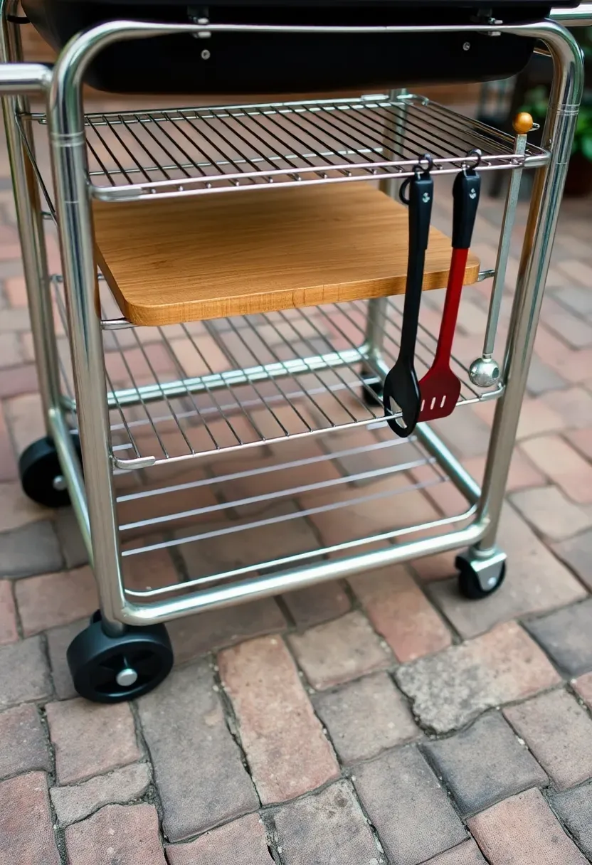 Portable stainless steel grill cart with utensil hooks and a wooden cutting board shelf on a paver patio