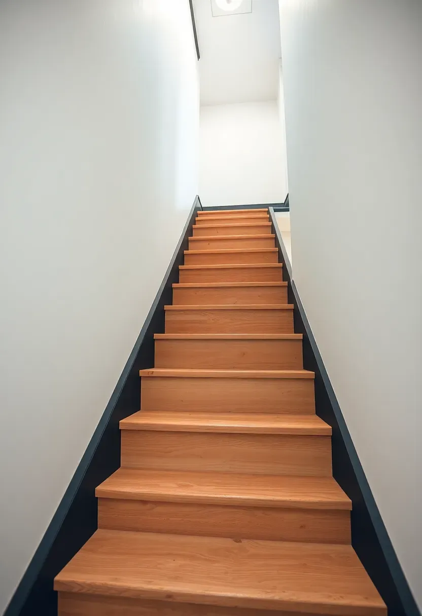 Basement staircase with dark charcoal painted risers and natural light wood treads creating a two-tone contrast effect