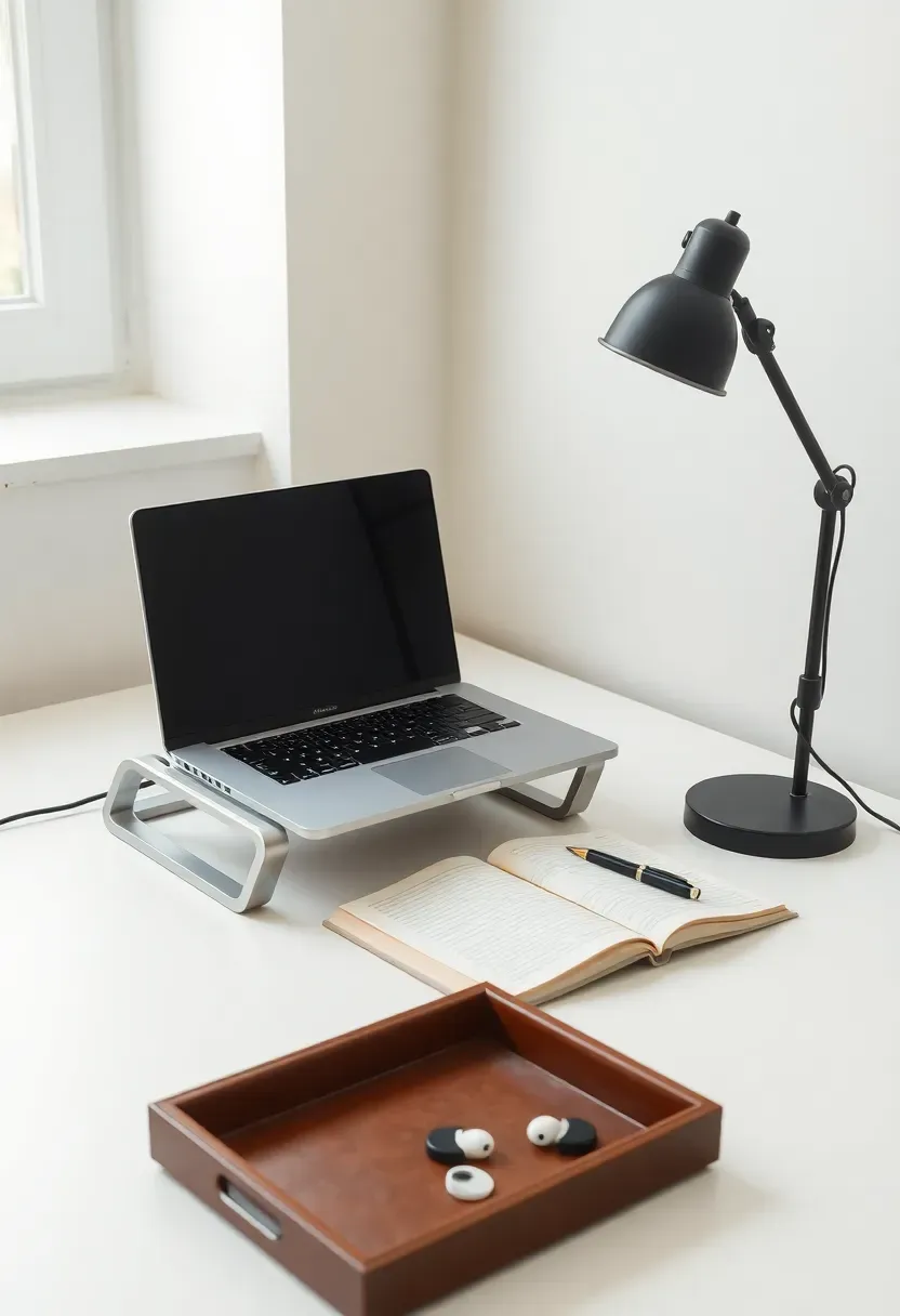 clean minimalist dorm desk with laptop stand desk lamp and one notebook