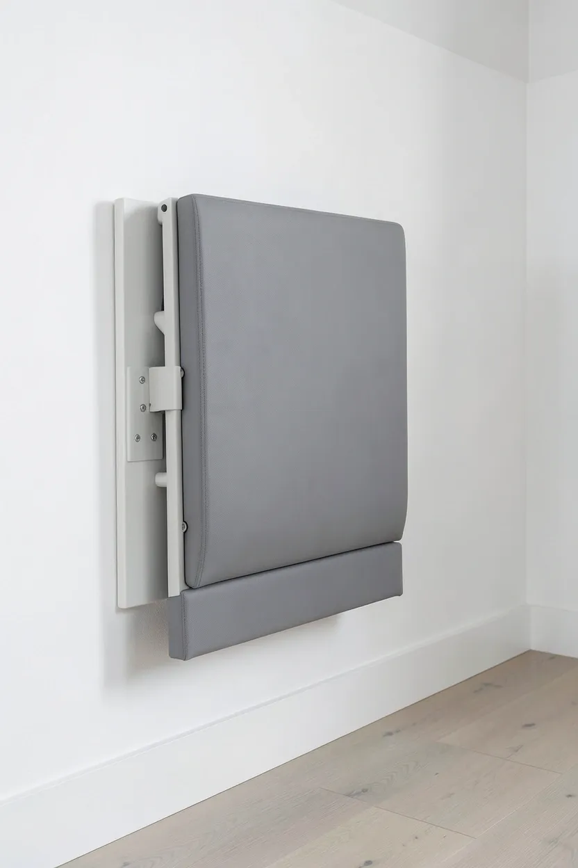 White wall-mounted folding workout bench in deployed position against a light gray gym wall — space-saving strength training bench for small home gyms