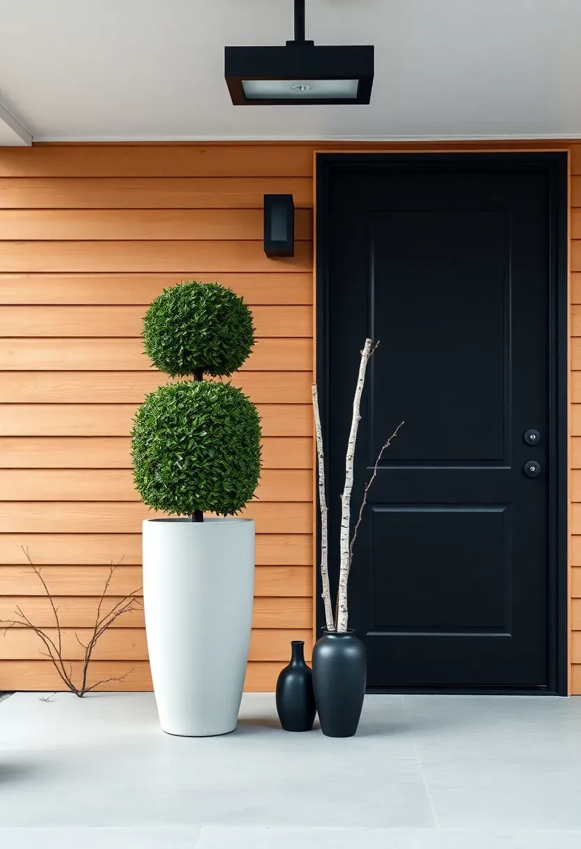 Hyper-realistic wide shot of a modern front porch with minimalist winter decor. A tall cylindrical white ceramic planter stands beside a matte black front door, containing a single clipped boxwood topiary in perfect spherical form. Beside it, a matte black floor vase holds three vertical birch branches. Porch floor is polished concrete in light gray. Overhead, a single modern rectangular light fixture with matte black finish. Soft overcast daylight. Visible facade with horizontal cedar siding in natural finish. No text, no logos, no watermarks.</p>