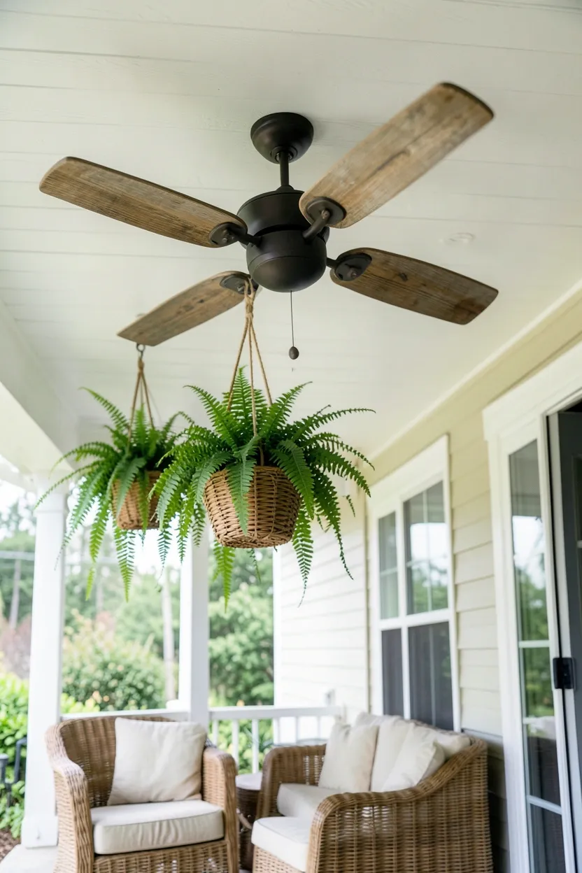 Hyper-realistic slightly elevated photograph showing back porch ceiling with contemporary outdoor ceiling fan with weathered wood blades, gently rotating, creating subtle movement in hanging fern basket, wicker furniture below. Natural bright daylight. Materials: weathered wood fan blades, metal hardware, green ferns. Functional comfortable mood. Sharp details on fan texture and motion blur on fern fronds. No text, no logos, no watermarks.