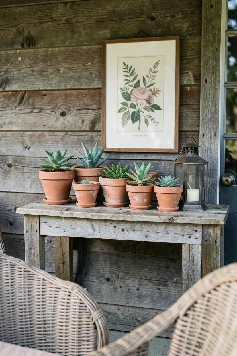 Hyper-realistic eye-level photograph of back porch wall with reclaimed wood console table, displaying collection of terracotta pots with succulents, small metal lantern with candle, framed botanical print, weathered wood texture visible, wicker furniture partially visible in foreground. Natural morning light. Materials: reclaimed wood, terracotta, succulents, metal, glass. Functional decorative mood. Sharp details on wood grain and plant textures. No text, no logos, no watermarks.