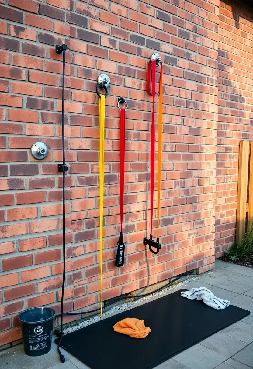 Exterior wall of a house with multiple wall-mounted anchor points for resistance bands, bands stretched at different angles, rubber mat on ground, and small chalk bucket nearby