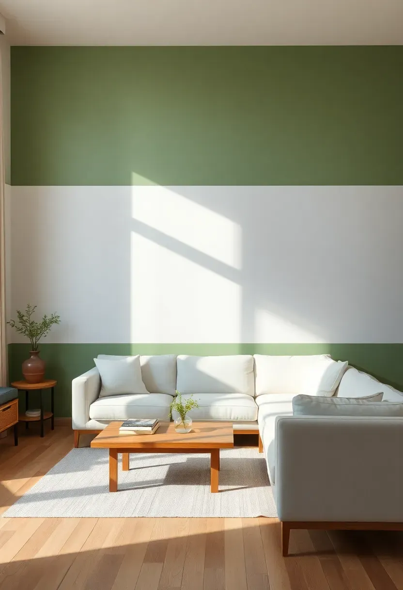 Hyper-realistic wide view of living room with color block walls — sage green lower half, white upper half, clean horizontal dividing line, white sofa, oak coffee table. Materials: sage green and white painted walls with crisp boundary, oak furniture, white upholstery. Natural light, modern graphic mood. Clean architectural composition, color block as design feature, shallow depth of field, no text, no logos.</p>