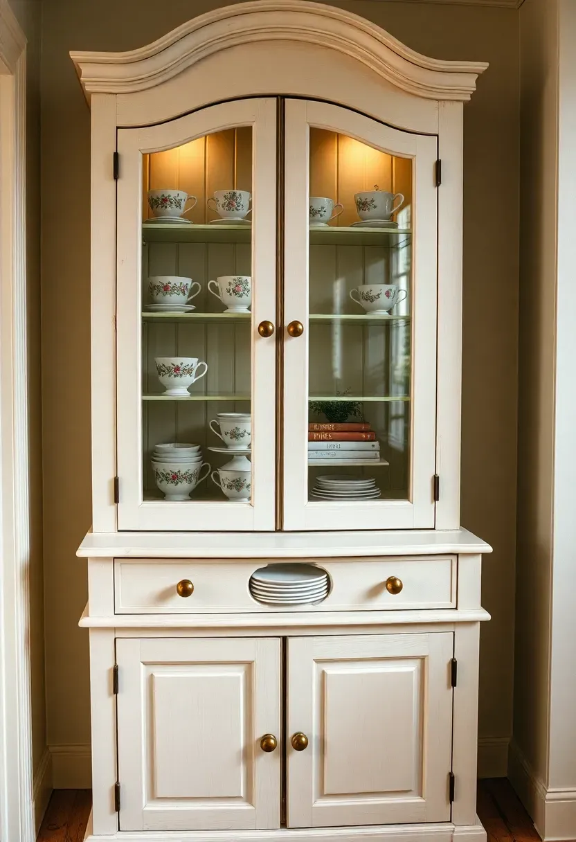 Tall vintage china cabinet with glass doors, curved bonnet top, and shelves displaying floral dishes and teacups