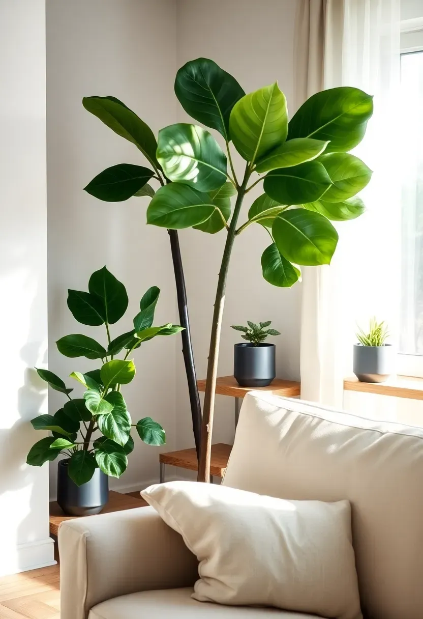 Hyper-realistic 3/4 view of minimalist Japandi living room featuring large potted fiddle leaf fig plant in corner, smaller plants in matching matte ceramic pots on wooden shelves, cream sofa visible in foreground. Materials: glossy green leaves, matte charcoal ceramic pots, light oak wood shelves, cream linen upholstery. Bright natural light from window filtering through plant leaves creating dappled shadows. Refreshing serene mood with organic living elements. Sharp focus on plant foliage textures, rule-of-thirds composition, visible room context with neutral walls and light wood floor. No text, no logos, no watermarks.</p>