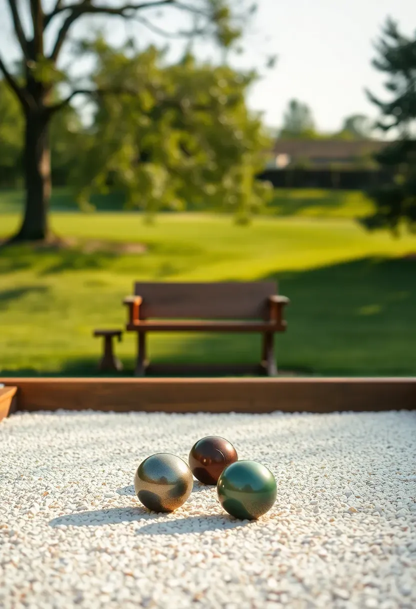 Crushed oyster shell bocce court with wooden borders and seating area in a remodeled backyard