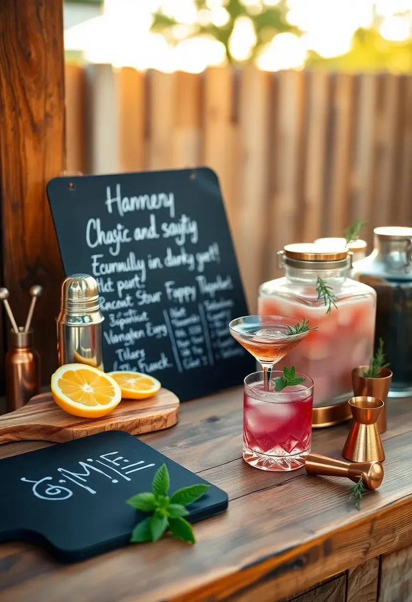 Personalized cocktail bar at a backyard engagement party with a bartender, custom drink menu on a chalkboard sign, garnishes, and cocktail shaker set on a rustic bar counter