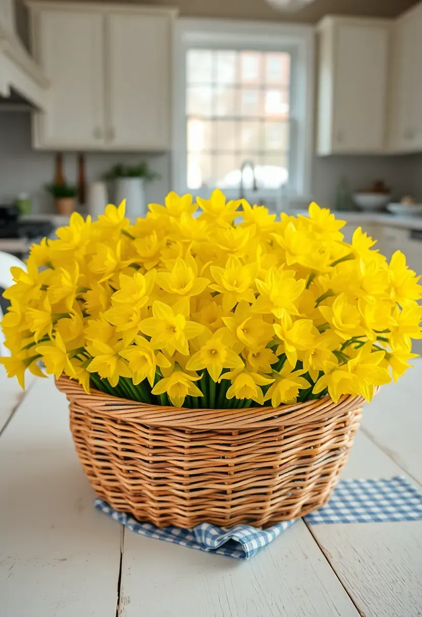 woven basket overflowing with yellow daffodils spring table centerpiece