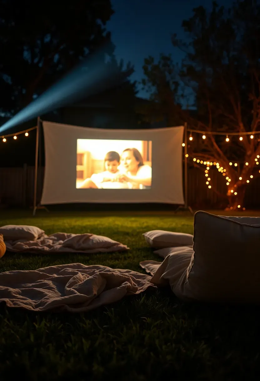 Outdoor projector showing a photo slideshow of childhood memories on a white sheet in a backyard at night with teens watching from blankets