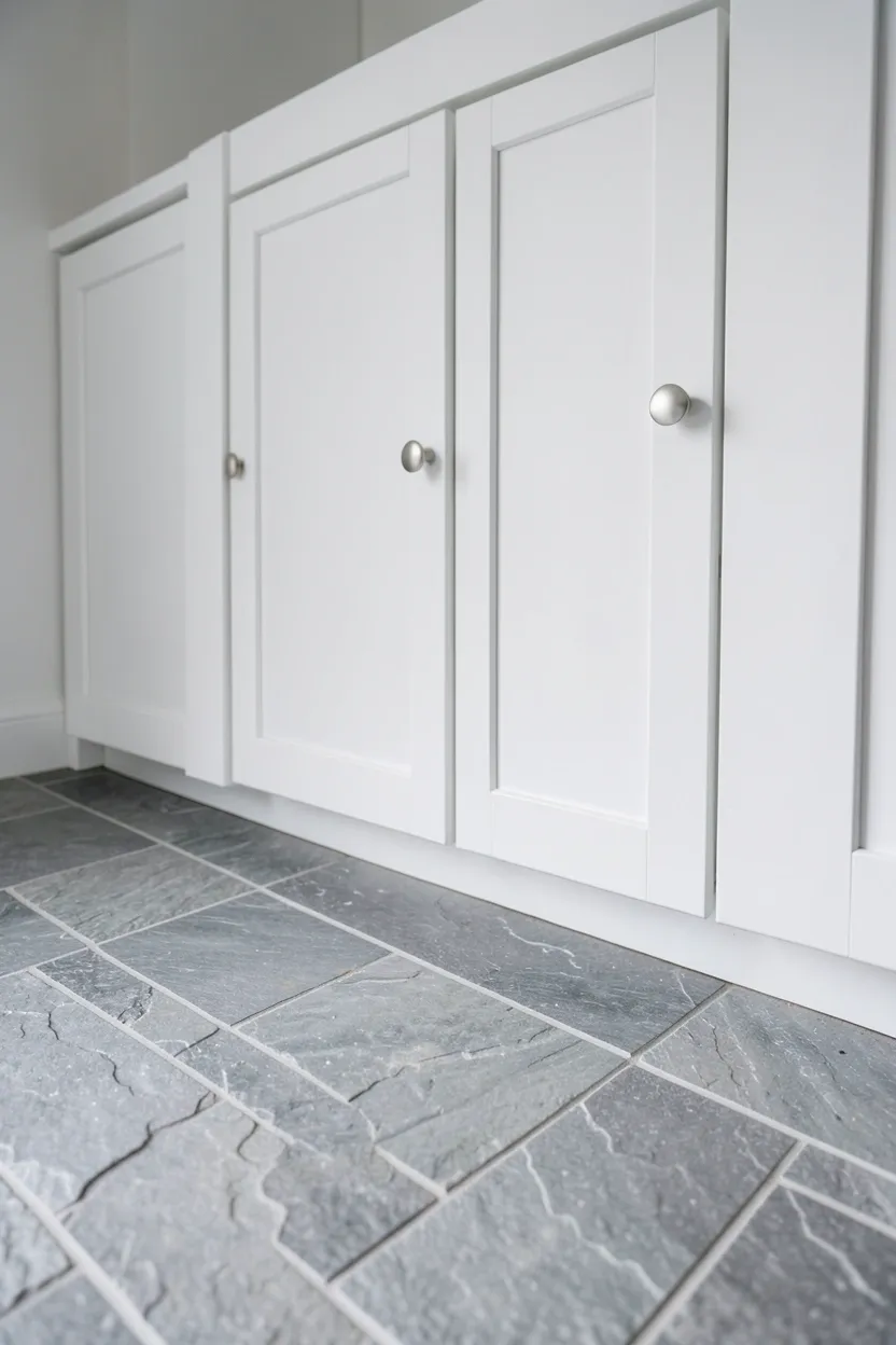 White shaker cabinets with sealed natural gray slate stone flooring adding earthy warmth to a bright modern kitchen