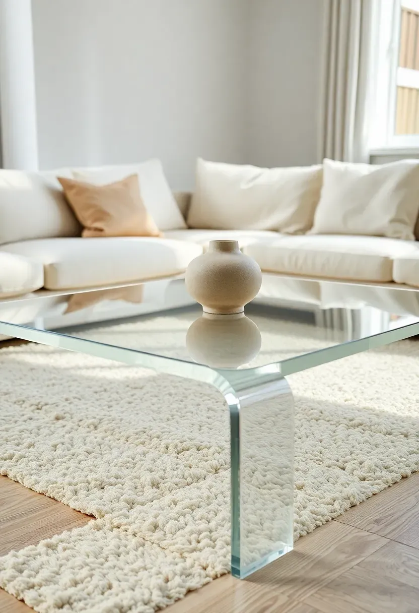 Hyper-realistic 3/4 view of minimalist Japandi living room featuring transparent lucite coffee table: clear acrylic table with subtle rounded edges showing cream wool rug and light oak floor visible through it, cream sofa behind, ceramic vase on table surface. Materials: transparent lucite with minimal reflections, cream linen sofa, chunky wool rug texture, light oak wood grain, matte ceramic. Bright natural light creating minimal shadows on transparent surface. Airy spacious mood. Sharp focus on table edges and transparency, medium depth of field, visible room context with window. No text, no logos, no watermarks.</p>