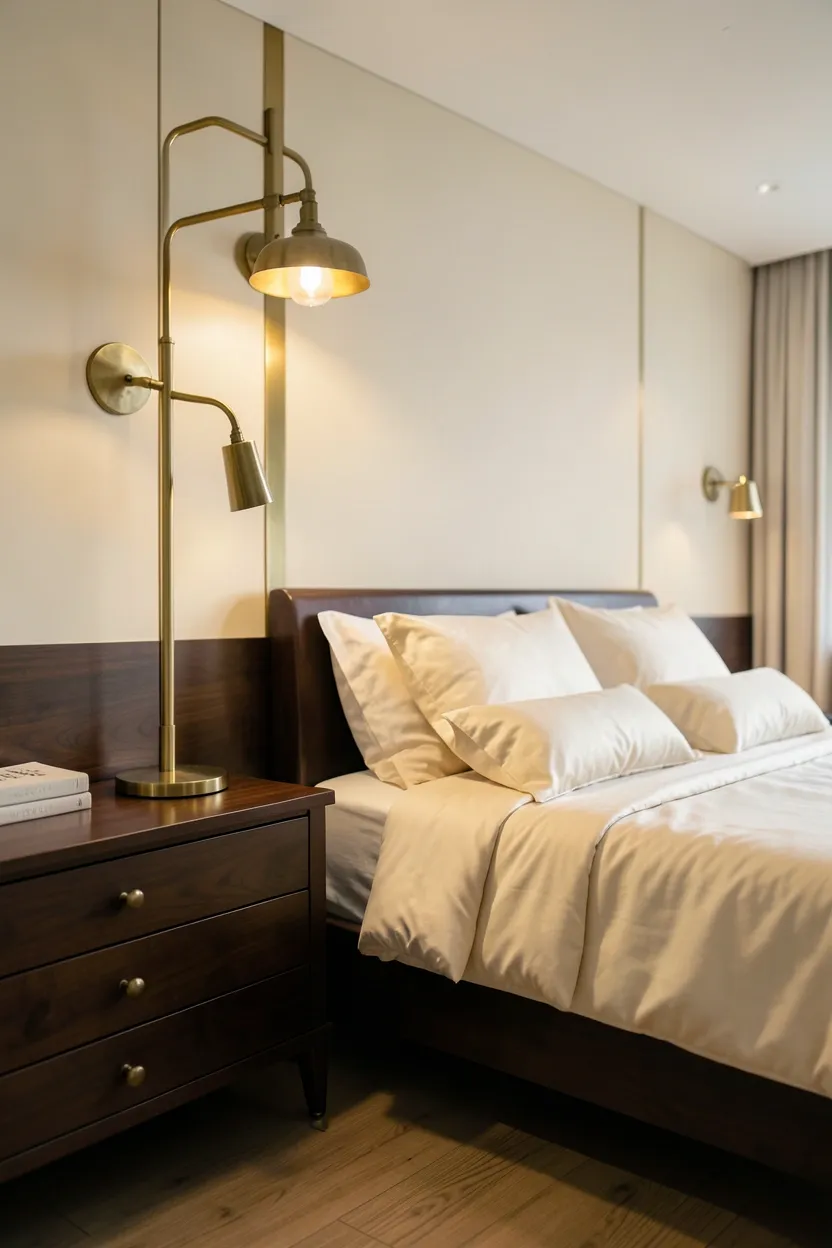 Brass table lamp and cream linen bedding on a wooden nightstand showing a warm brass and cream luxury bedroom palette