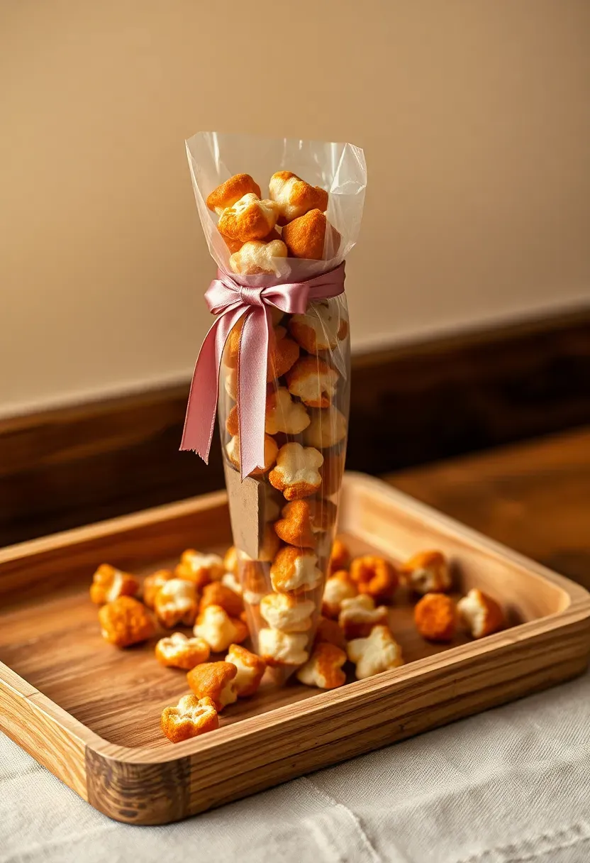 caramel corn in a clear cellophane cone tied with a satin ribbon on a rustic wooden tray