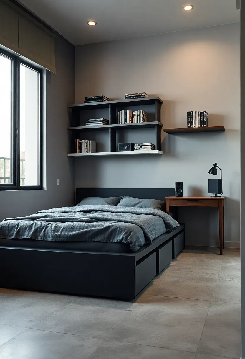 small masculine bedroom with built-in under-bed storage and floor-to-ceiling shelving
