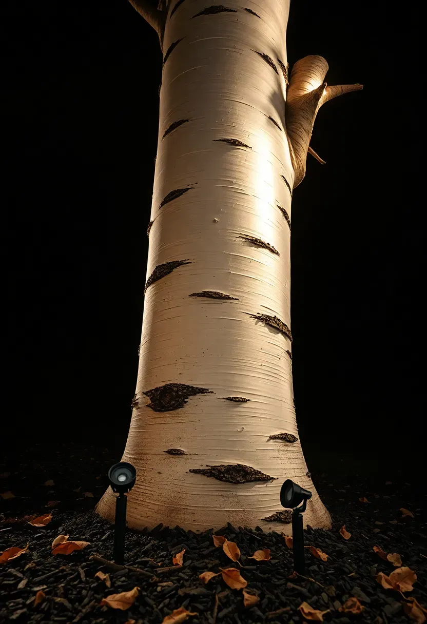 A mature birch tree trunk illuminated from below by two ground-mounted spotlights highlighting the white bark against a dark night sky
