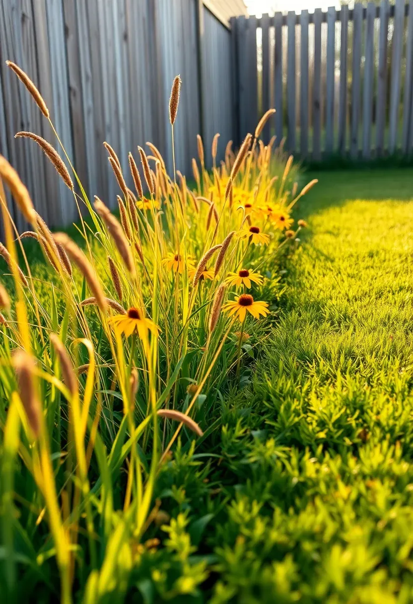 A strip of native prairie plants and grasses replacing part of a suburban lawn, with black-eyed Susans, little bluestem, and prairie dropseed