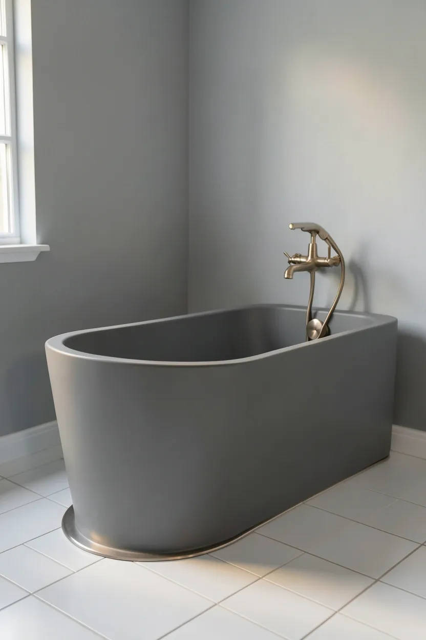 Matte grey freestanding bathtub with minimalist brushed nickel floor-mounted faucet in a modern bathroom