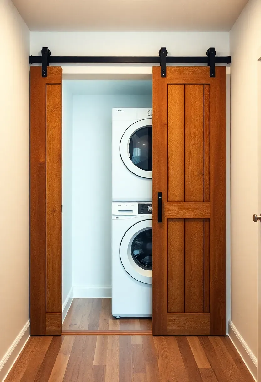 Stacked washer and dryer hidden behind sliding rustic barn doors in a hallway laundry closet with white walls