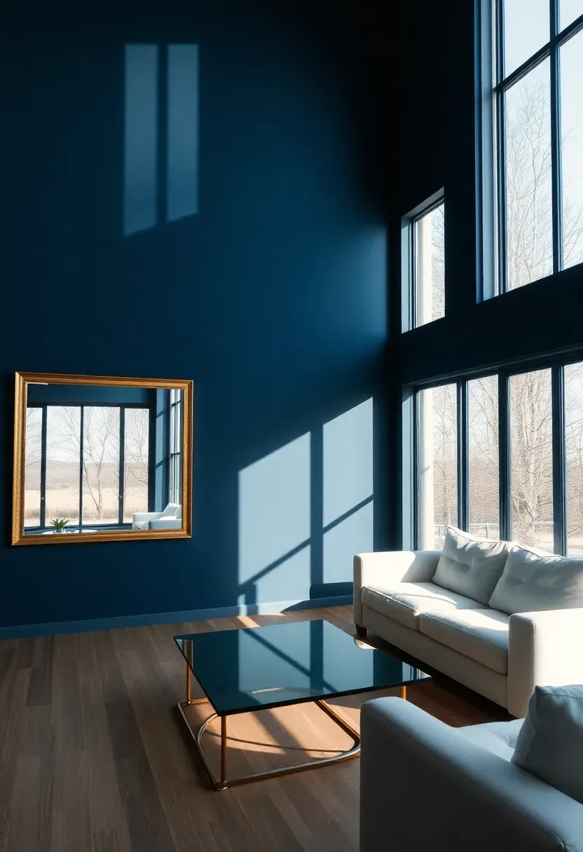 Hyper-realistic wide shot of minimalist living room with navy blue wall featuring large windows with view, mirror on adjacent wall reflecting light and navy, white sofa, glass coffee table. Materials: matte navy blue paint, large glass windows, brass mirror frame, white linen sofa, glass table top. Bright natural daylight streaming through navy-walled windows, reflections creating depth and sparkle, dramatic and airy atmosphere. Sharp contrast between navy and reflective surfaces, clean composition, no clutter, no text, no watermarks.</p>